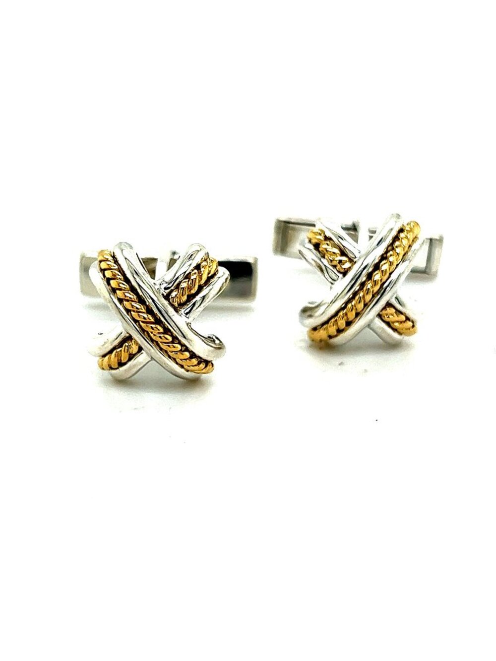 Tiffany & Co Estate Mens X Signature Cufflinks 18k Yellow Gold Sterling Silver